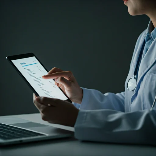 Medical professional analyzing a digital drug label